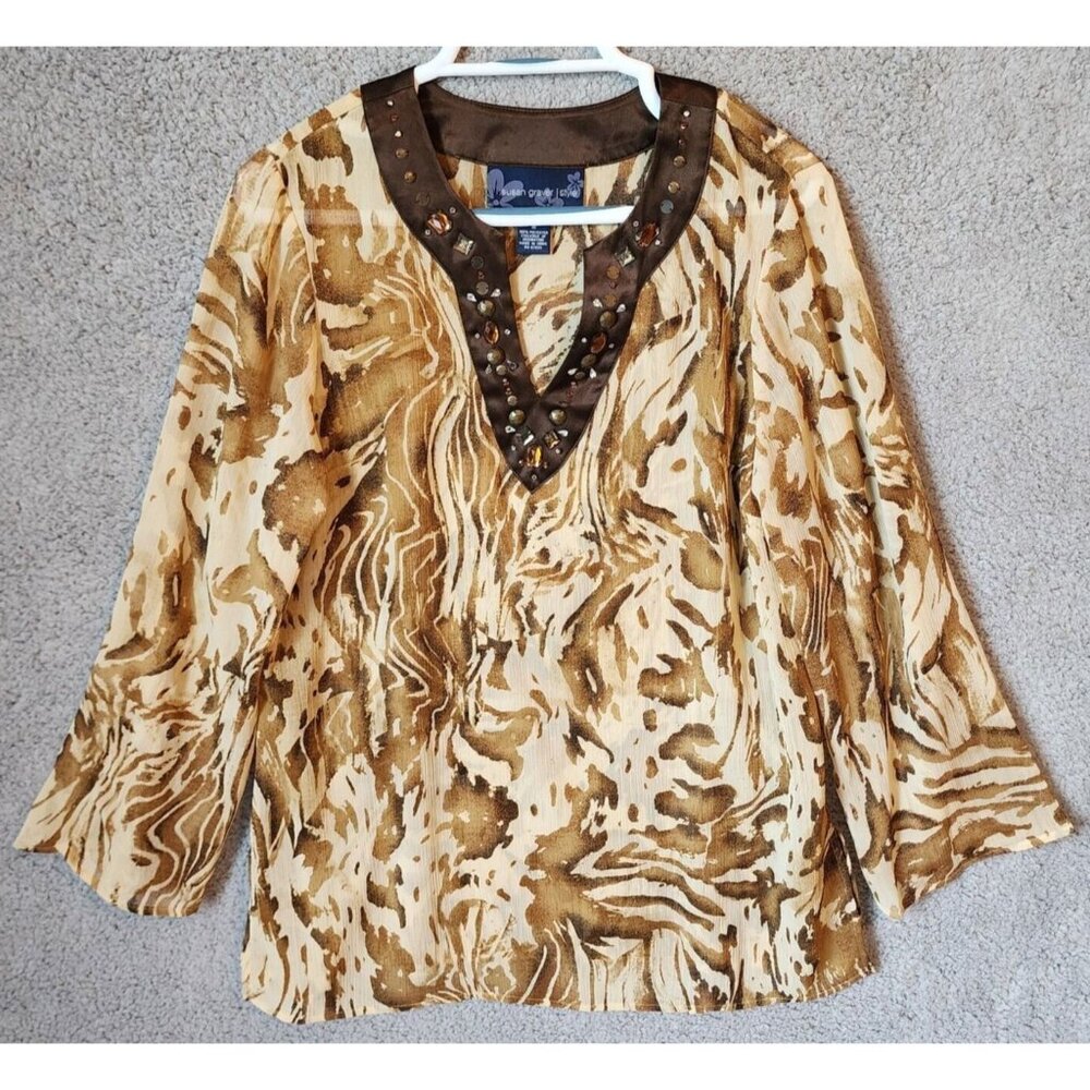 Susan Graver Style Women's Long Sleeve Beaded V Neck Sheer Tunic Blouse Top Sz M